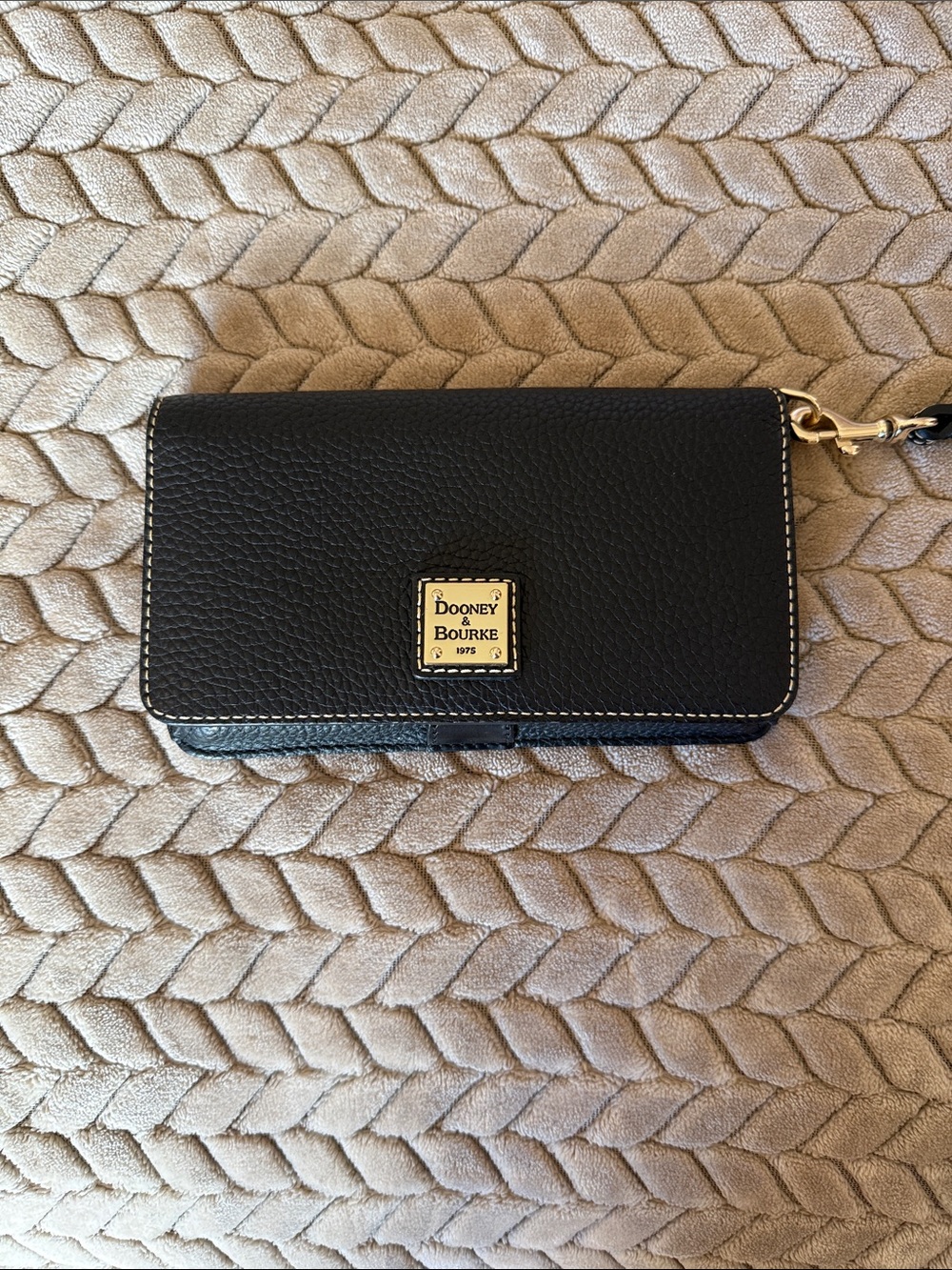 Dooney & Bourke Black Pebbled Leather Wristlet with Gold Plaque